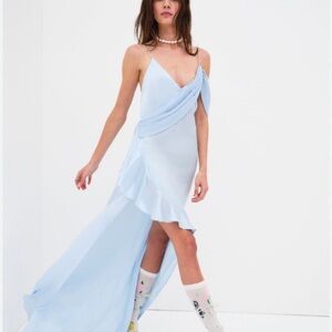 NWT For Love And Lemons Light Blue Silk Ruffle Open Back Draped Maxi Dress XL